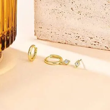 Freekiss Gold Hoop Earrings for Women: Dangle Earrings Dainty 14K Gold Plated Stud Earrings Cute Tiny Square CZ Diamond Hoop Earings Set Gold Jewelry for Women Gifts
