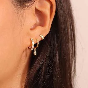 Freekiss Gold Hoop Earrings for Women: Dangle Earrings Dainty 14K Gold Plated Stud Earrings Cute Tiny Square CZ Diamond Hoop Earings Set Gold Jewelry for Women Gifts