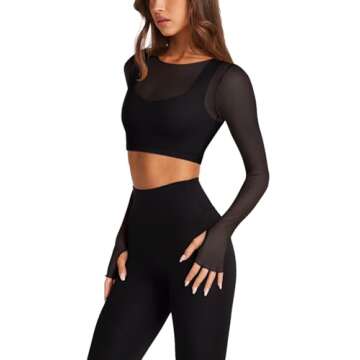 LASLULU Long Sleeve Workout Tops for Women with Built in Bra Sheer Mesh V Neck Black Crop Tops Cropp...