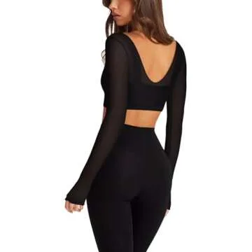 LASLULU Long Sleeve Workout Tops for Women with Built in Bra Sheer Mesh V Neck Black Crop Tops Cropped T Shirts Sexy Exercise Pilates Fall Outfits(Black Medium)