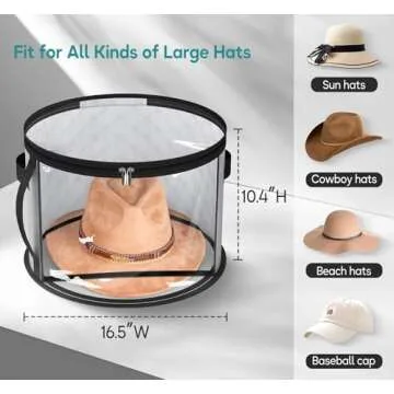 AOODA Oversized Clear Hat Storage Bag for Women, Holds up to 7 Caps Cowboy Hat Organizer for Closet, Wide Brims Hat Case with Carrying Handles (Grey)