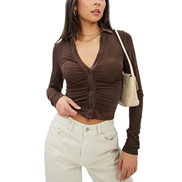 SAFRISIOR Women's Sexy Y2K Ruched Crop Top in Coffee Brown