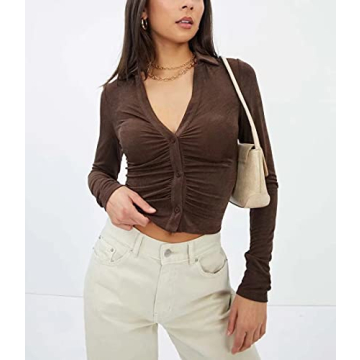 SAFRISIOR Women's Sexy Y2K Ruched Crop Top in Coffee Brown