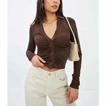 SAFRISIOR Women's Sexy Y2K Ruched Crop Top in Coffee Brown