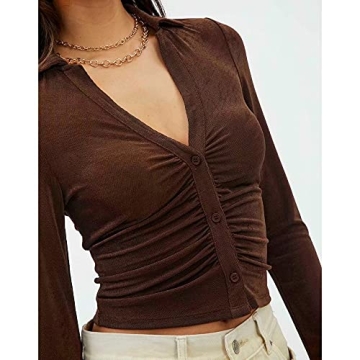 SAFRISIOR Women's Sexy Y2K Ruched Crop Top in Coffee Brown