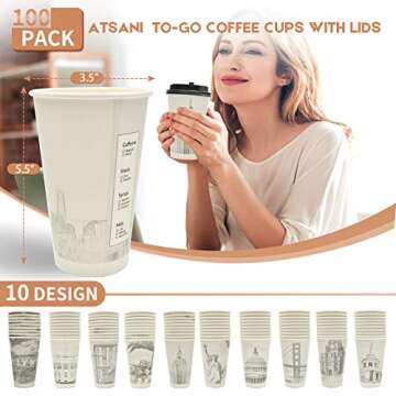 Eco-Friendly 100 Pack Disposable Coffee Cups with Lids