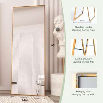 Beauty4U 65" x 24" Full Length Mirror with Stand, Gold Wall Mounting Full Body Mirror, Metal Frame Full-Length Tempered Mirror for Living Room, Bedroom
