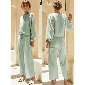 Ekouaer Knit Lounge Sets for Women Pants Sweater Set Crewneck Long Puff Sleeve Pajama Set for Casual Travel Lounge Green Large