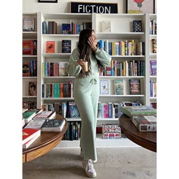 Ekouaer Knit Lounge Sets for Women Pants Sweater Set Crewneck Long Puff Sleeve Pajama Set for Casual Travel Lounge Green Large