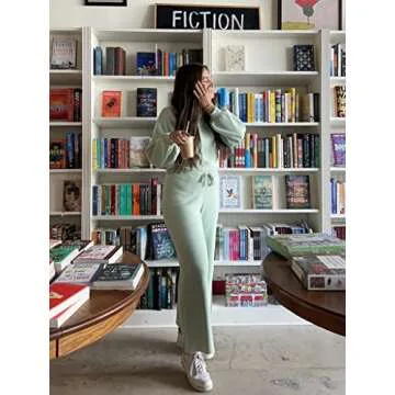 Ekouaer Knit Lounge Sets for Women Pants Sweater Set Crewneck Long Puff Sleeve Pajama Set for Casual Travel Lounge Green Large