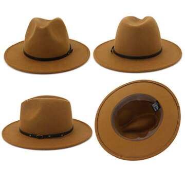 Lisianthus Women Wide Brim Wool Fedora Panama Hat with Belt Buckle A-Khaki