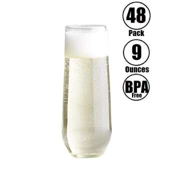 Oojami 9 oz Flute 48 piece Premium Quality Recyclable Unbreakable Crystal Clear Plastic Champagne Glasses Flute in Bulk