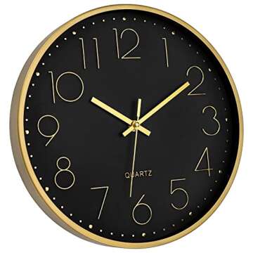 Foxtop Black Gold Wall Clock 12 Inch Silent Non-Ticking Battery Operated Round Quartz Modern Wall Cl...