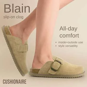 CUSHIONAIRE Blain Genuine Suede Clogs for Women | Slip-On Mules with Memory Foam & Oversized Buckle ...