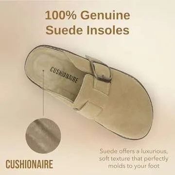 CUSHIONAIRE Blain Genuine Suede Clogs for Women | Slip-On Mules with Memory Foam & Oversized Buckle | Non-Slip Comfort Clogs & Mules Shoes for Women, Khaki 8