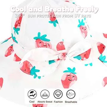 Baby Girl Sun Hat with UPF 50+ Outdoor Adjustable Beach Hat with Wide Brim Bucket Hats (0-6 Months, White-Strawberry Printing)