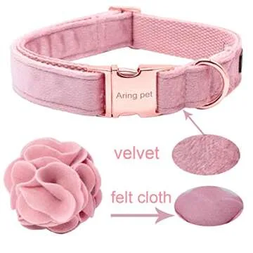 ARING PET Velvet Dog Collar, Unique Pink Dog Collars with Detachable Felt Flower, Adjustable Soft Velvet Dogs Collar Flower with Metal Buckle for Small Medium Large Dogs