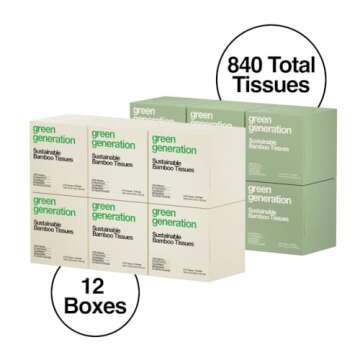 Green Generation Bamboo Facial Tissues - 3-Ply, 70 Sheets per Tissue Box, 12 Multicolor Boxes of Tissues, 840 Face Tissues - Hypoallergenic, Soft, Organic, FSC Certified, Tree Free
