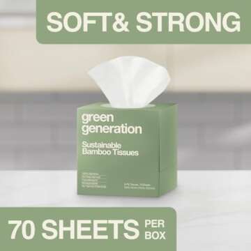 Green Generation Bamboo Facial Tissues - 3-Ply, 70 Sheets per Tissue Box, 12 Multicolor Boxes of Tissues, 840 Face Tissues - Hypoallergenic, Soft, Organic, FSC Certified, Tree Free