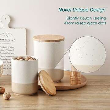 vancasso Sabine Ceramic Food Storage Jars Set, Airtight Storage Container with Wooden Lid, Canister Sets for Kitchen Counter, Nuts, Flour, Coffee, Tea, Sugar, 2 Pack (74 Oz and 36 Oz)