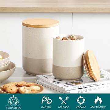 vancasso Sabine Ceramic Food Storage Jars Set, Airtight Storage Container with Wooden Lid, Canister Sets for Kitchen Counter, Nuts, Flour, Coffee, Tea, Sugar, 2 Pack (74 Oz and 36 Oz)