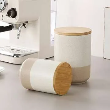 vancasso Sabine Ceramic Food Storage Jars Set, Airtight Storage Container with Wooden Lid, Canister Sets for Kitchen Counter, Nuts, Flour, Coffee, Tea, Sugar, 2 Pack (74 Oz and 36 Oz)