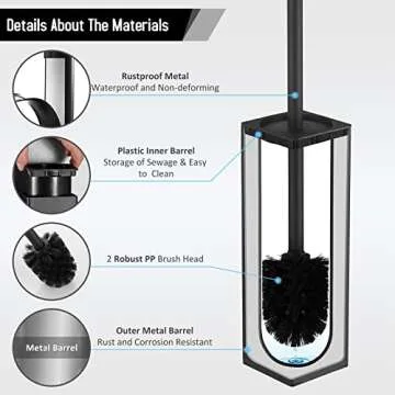 BGL Square Toilet Brush with Holder,Stainless Steel Rubber Painted Toilet Bowl Brush and Holder for Bathroom,2 Cleaner Brush Heads,Black