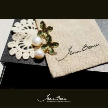 JeanBeau Enamel Green Four Leaf Stud Pearl Dangle Earrings for women Cute Dainty Wrinkled Kasumi Whi...
