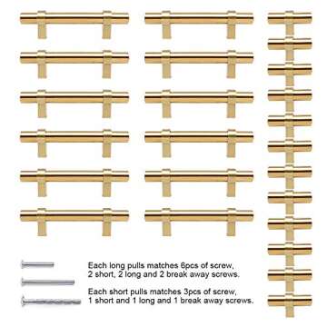 SUNRIVER 24 Hollow Pack Brushed Brass Kitchen Cabinet Handles,12pcs Gold Hardware Drawer Bar Pulls 5" and 12pcs Cupboard Bathroom Stainless Steel 2" Door Handles Pulls for Cabinets