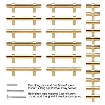 SUNRIVER 24 Hollow Pack Brushed Brass Kitchen Cabinet Handles,12pcs Gold Hardware Drawer Bar Pulls 5" and 12pcs Cupboard Bathroom Stainless Steel 2" Door Handles Pulls for Cabinets