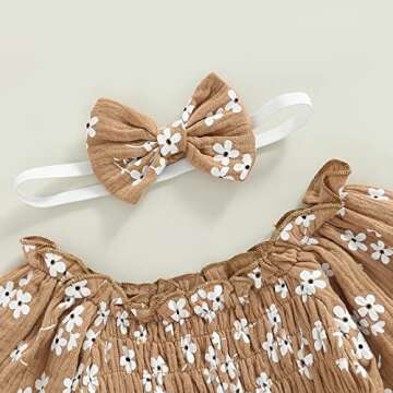 2pcs Infant Baby Girls Romper Dress Headband Long Sleeve Flowers Newborn Boho Girl Outfit Jumpsuit Clothes (Brown, 12-18 Months)