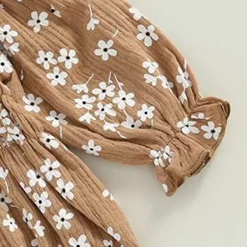 2pcs Infant Baby Girls Romper Dress Headband Long Sleeve Flowers Newborn Boho Girl Outfit Jumpsuit Clothes (Brown, 12-18 Months)