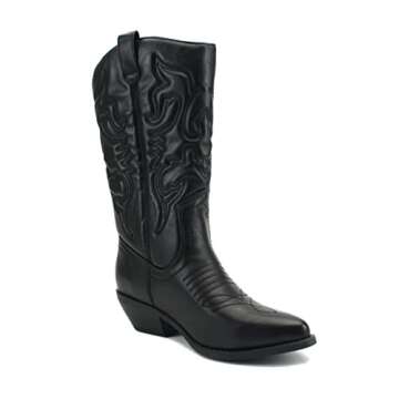 Soda Women Cowgirl Cowboy Western Stitched Boots Pointy Toe Knee High Reno-S, 7, Black