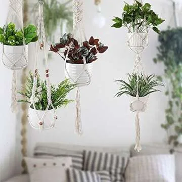 Whonline 5pcs Macrame Plant Hanger, Hanging Planters for Indoor Plants, Cotton Crochet Hanging Plant Holder for Boho Home Decor, Flower Pot with 5pcs Hooks 5 Sizes (34in-61in)