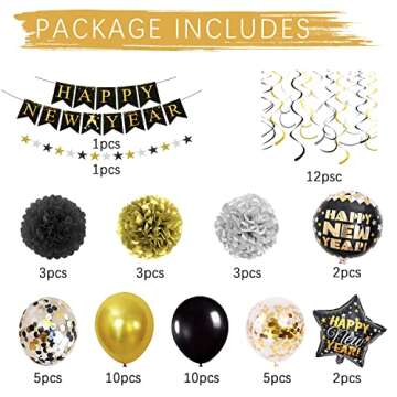 2025 Happy New Year Decorations Kit - Stylish Black Gold Party Supplies