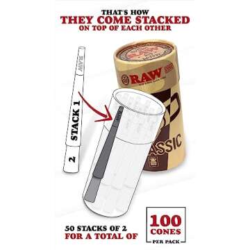 RAW Cones Classic King Size - 100 Pack - Slow Burning Pre Rolled Paper with Tips and Packing Tubes I...