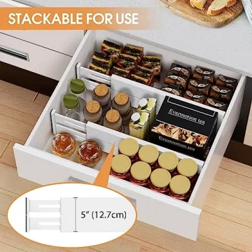 Ryqtop Bamboo Drawer Dividers Organizers, Kitchen Drawer Organizer, Adjustable Drawer Divider for Clothes, Kitchen, Dresser, Bedroom, Bathroom and Office, 4-Pack (White, 12-17 IN)