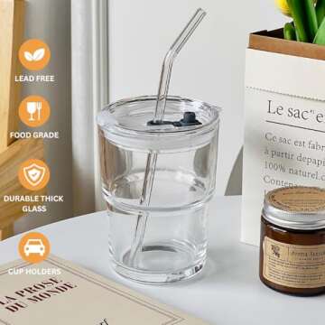 Olvini 13oz Glass Tumbler with Glass Straw and Lid, Iced Coffee Cups Reusable, Water Cup, Coffee Tumbler, Glass Coffee Mugs, Drinking Glass Cups (Clear)