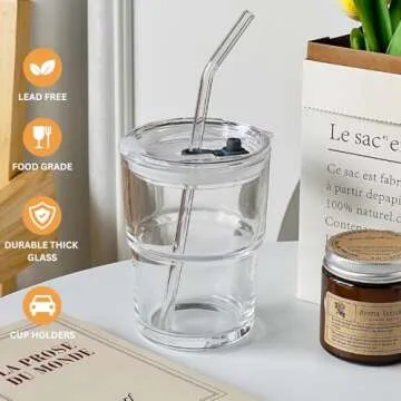 Olvini 13oz Glass Tumbler with Glass Straw and Lid, Iced Coffee Cups Reusable, Water Cup, Coffee Tumbler, Glass Coffee Mugs, Drinking Glass Cups (Clear)