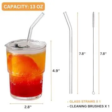 Olvini 13oz Glass Tumbler with Glass Straw and Lid, Iced Coffee Cups Reusable, Water Cup, Coffee Tumbler, Glass Coffee Mugs, Drinking Glass Cups (Clear)