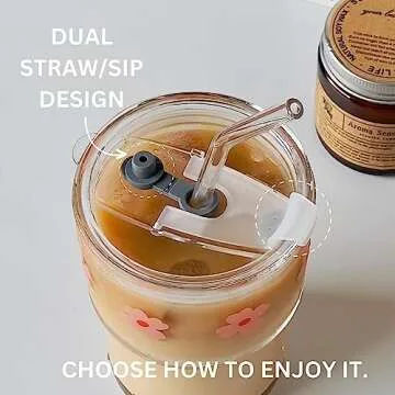 Olvini 13oz Glass Tumbler with Glass Straw and Lid, Iced Coffee Cups Reusable, Water Cup, Coffee Tumbler, Glass Coffee Mugs, Drinking Glass Cups (Clear)