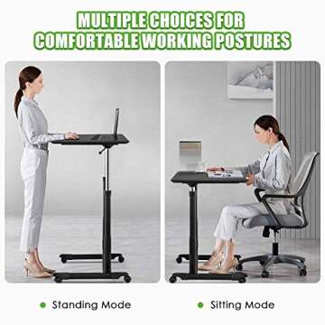 Tangkula Mobile Standing Desk Computer Desk, Height Adjustable Stand Up Desk with 4 Wheels, Rolling Compact Standing Desk with Steel Frame, MDF PVC Tabletop, Ideal for Home Office (Black)