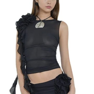 Stylish 3D Floral Tassels Ruffle Sleeveless Shirt