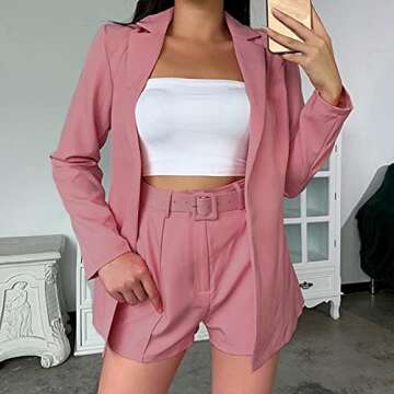 Elegant 2 Piece Outfits for Women Casual Long Sleeve Open Front Blazer with Shorts Set Solid Office ...