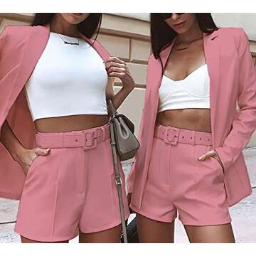 Elegant 2 Piece Outfits for Women Casual Long Sleeve Open Front Blazer with Shorts Set Solid Office Suits Pink