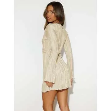 Volemo Women Sexy Pleated Mini Dress Casual V Neck Long Sleeve High Waist Tie Belted Bodycon Party Club Dresses Apricot S