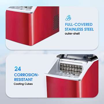 Ice Maker Machine Countertop, 40Lbs/24H Auto Self-Cleaning, 24 pcs Ice Cube in 13 Mins,FREE VILLAGE Portable Compact Ice Cube Maker, with Ice Scoop & Basket, Ideal for Home/Kitchen/Office/Bar, Red