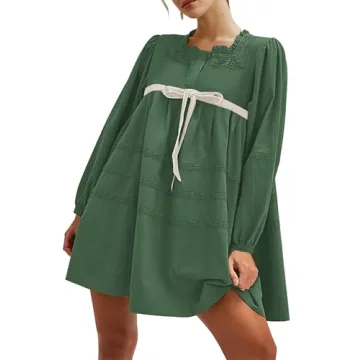 Burtell Flowy Long Puff Sleeve Mini Dress - Casual Square Neck Lace Trim for Any Occasion