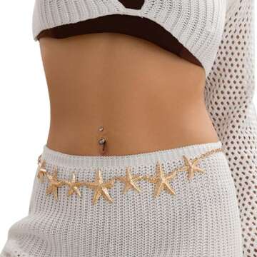 Simple Star Pendant Waist Chain Belt Bikini Starfish Waist Chains Jewelry Sexy Belly Body Chain Dress Outfit Metal Waist Belt Summer Beach Waist Body Jewelry for Women (Gold)