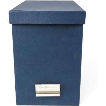 Bigso John Fiberboard Label Frame Desktop File Storage Box - Document Organizer for Important Paperwork - Durable Hanging File Box with a Lid & Metal Label Window - 7.4 in x 13 in x 10.4 in - Blue
